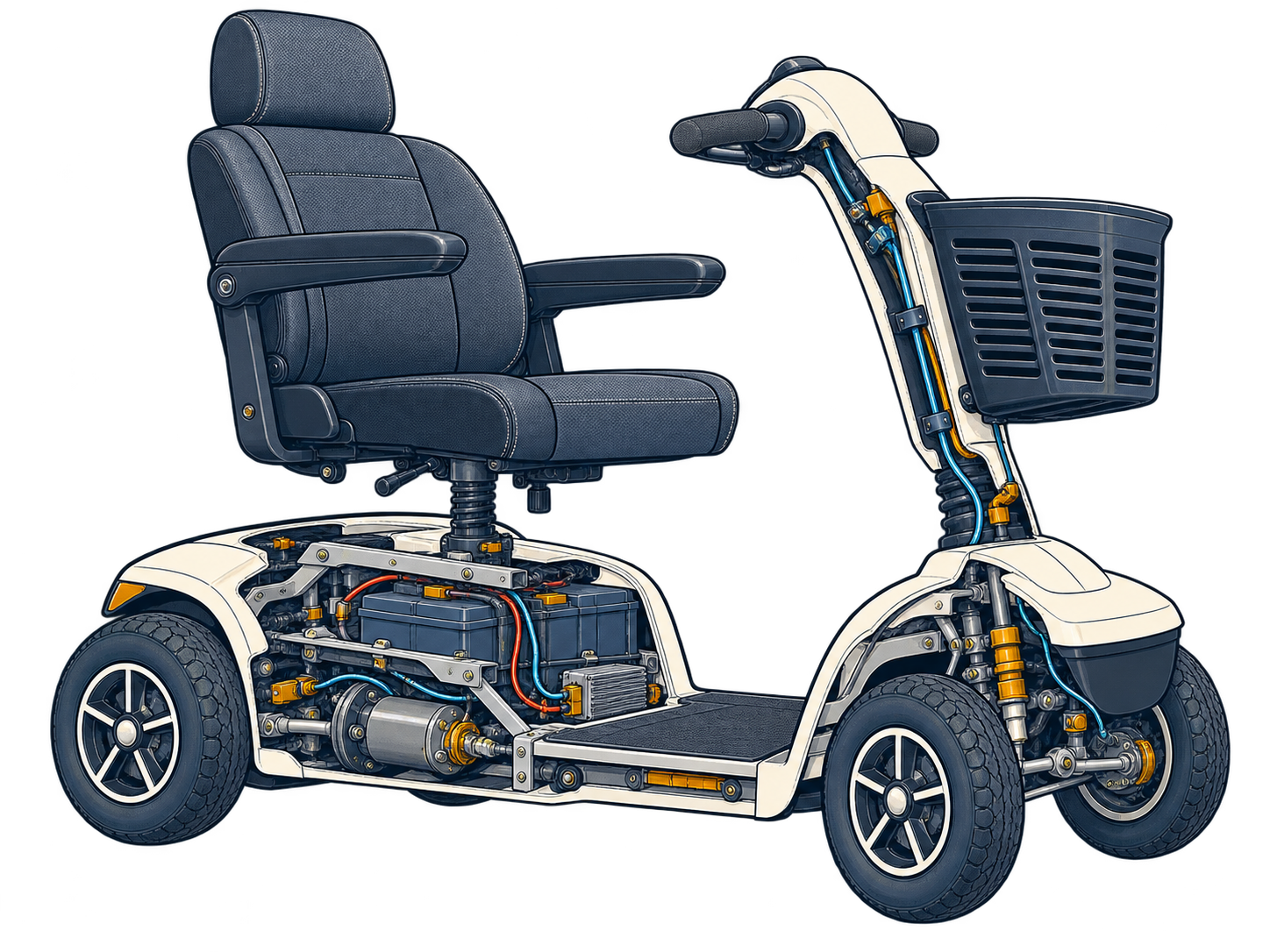 Technical cutaway illustration of a four-wheel mobility scooter